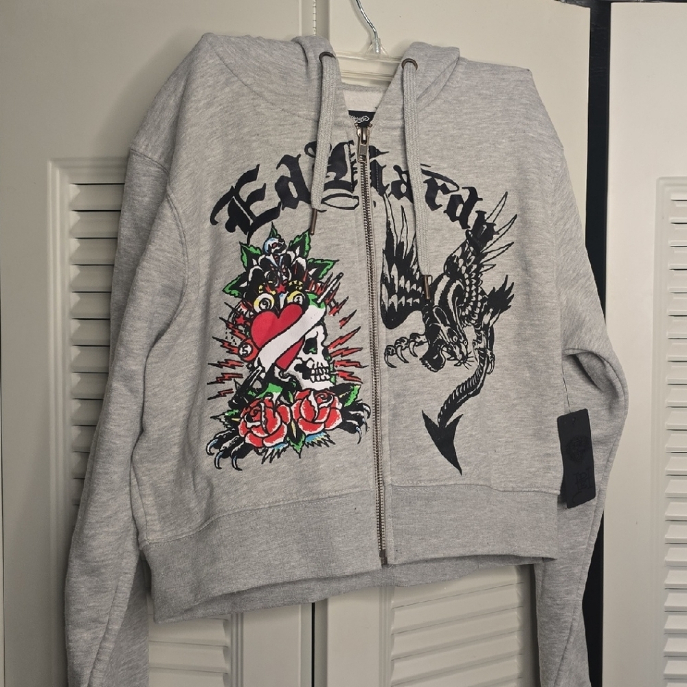 Ed Hardy Gray Cropped Hoodie with Tattoo Graphics Size XL NWT